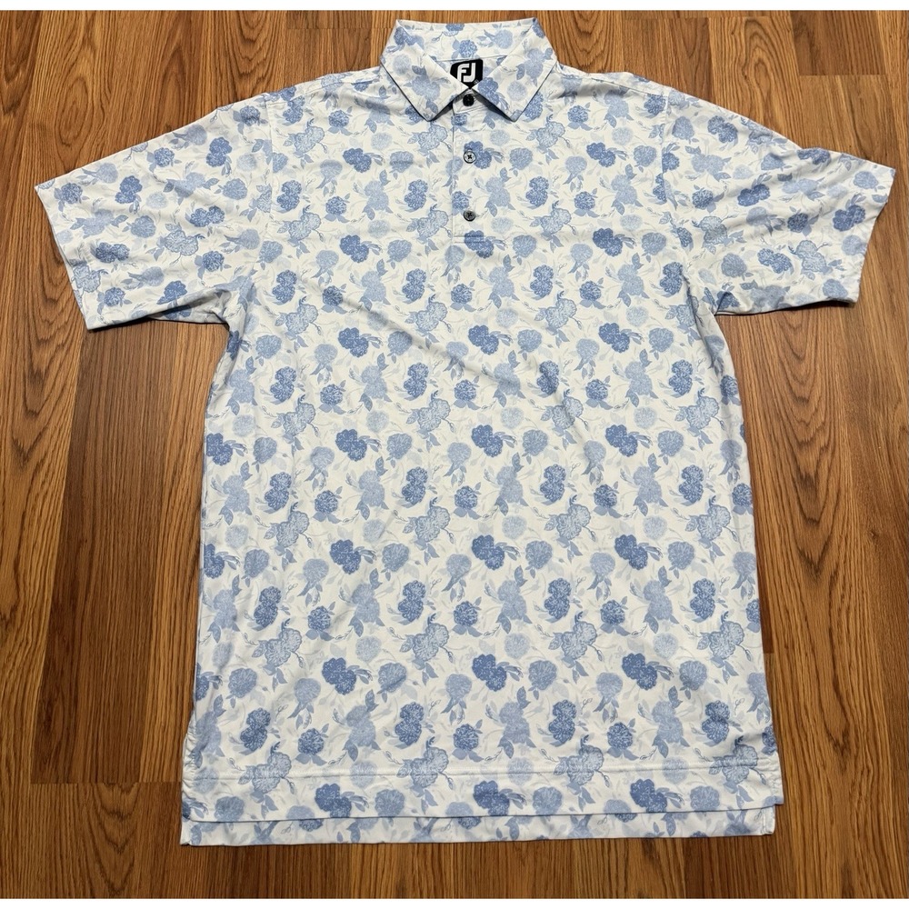 FootJoy Polo Shirt Mens Medium Floral Print Golf Stretch Blue